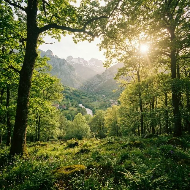 Bosque de Asturias en primavera, verde intenso con flores silvestres y luz filtrada
