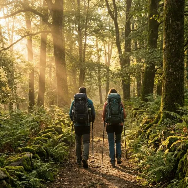 Pareja haciendo senderismo en bosque de Asturias