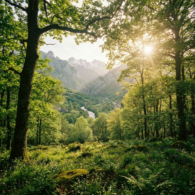 Bosque de Asturias en primavera, verde intenso con flores silvestres y luz filtrada