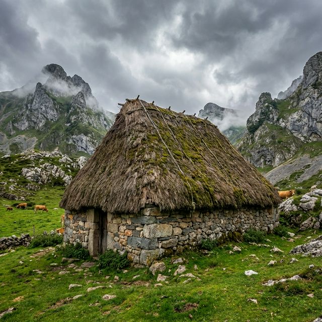 Cabaña de teito tradicional en Somiedo, Asturias